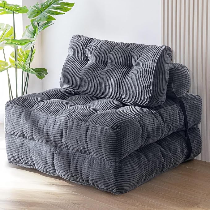 Folding Sofa Bed - Convertible Sleeper Chair with Pillow &amp Back Support Comfy Foldable Mattress Portable Futon Fold Out Chair Bed for Living Room/Bedroom/Apartment (Grey)