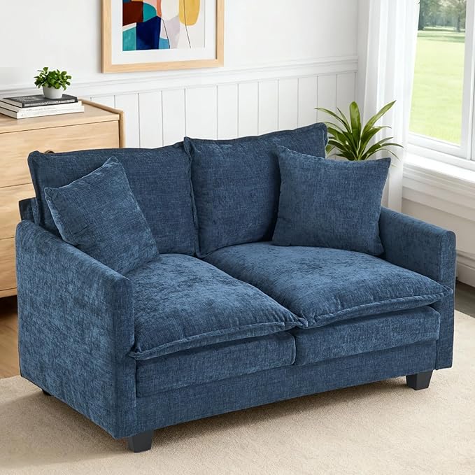 Loveseat Sofa Cloud Sofa Couch 50'' Modern Loveseats 2 Seat Couch 27 Deep Seat with 2 Pillows for Small Spaces Apartment Studio Office Bedroom Living Room 8834-BLUE