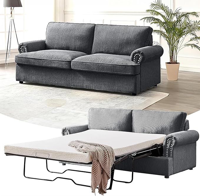 Reversible Sleeper Sofa Bed with Comfortable Memory Foam Mattress Convertible Corduroy Full Size Pull Out Couch for Living Room Space Saving Furniture 76 Wide Rounded Arms Grey