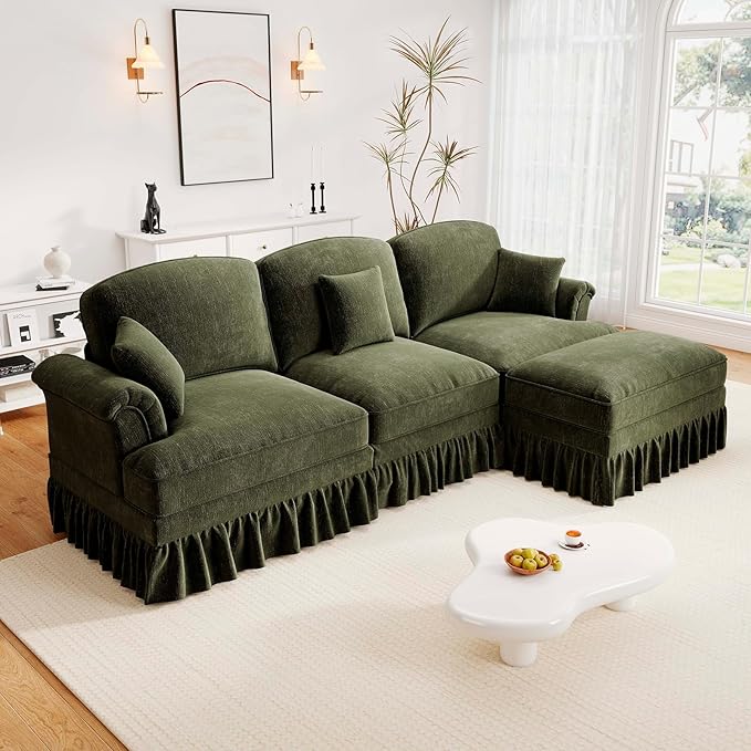 Rovibek 107” L Shaped Couch Chenille Midcentury Modern Sofa with Detachable Ruffle Hem Sectional Couches for Living Room with Throw Pillows &amp Ottoman Green