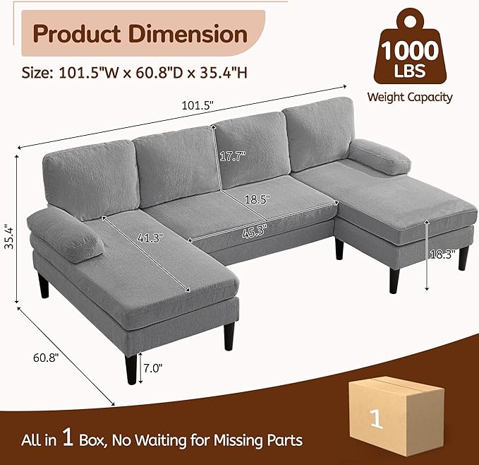 101 U-Shape Sectional Couch for Living Room 4 Seat Sofa with Removable Pillows Modern Chenille Fabric Sets with Double Chaise Lounges for Apartment&ampSmall Space Pewter