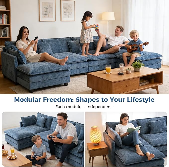 Redlife 133 Modular Sectional 3-Seater Sofa with Ottoman Chenille Couch Set with Spring &amp Double Foam Cushion System Removable Covers Easy to Assembly Blue