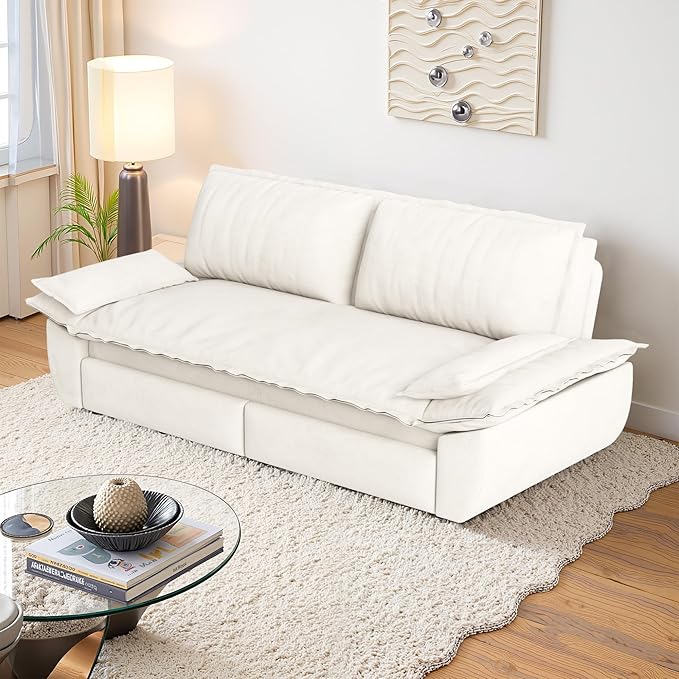 73.2 Inch Queen Size Sleeper Sofa Bed 3 in 1 Convertible Pull Out Couch Velvet Loveseat Sofa Couch Bed with Pillow for Apartment Bedroom Living Room Beige