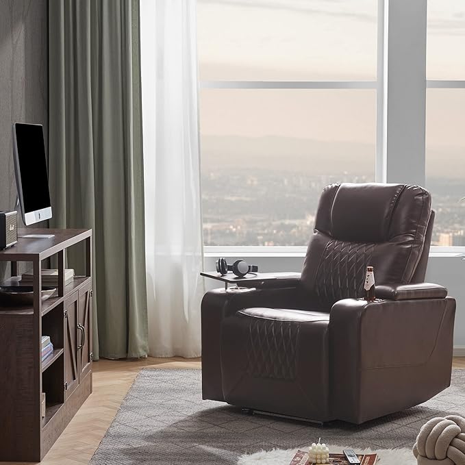 Recliners Chair with 360° Swivel Tray USB Charging Hidden Arm Storage &amp Cup Holders - Living Room Recliner Chairs Comfy Bedroom Recliners for Adults Lazy Boy Reclining ChairsBrown