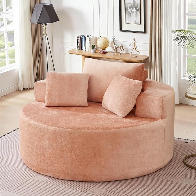 Modern Round Accent Sofa Chair for Living Room Upholstered Soft Terrycloth Barrel Lounge Arm Chair with Large seat&ampThrow Pillows for Bedroom Office Apartment Pink