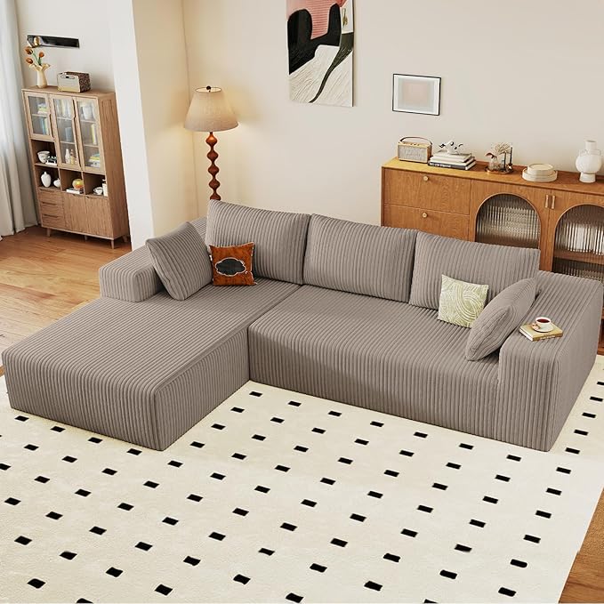 Modular Sectional Sofa Cloud Sectional Couch 96 Comfy Fluffy L-Shaped Couches for Living Room Deep Seat Memory Foam Plush Corduroy Boneless Couch Sectionals No Assembly (CamelLeft-Facing Chaise)