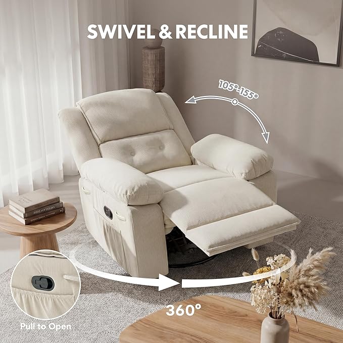 FLEXISPOT Swivel Rocker Recliner Chair for Adults Massage Recliner Rocking Chair Nursery 360° Swivel Nursery Glider for Living Room Bedroom Beige (XRC2)