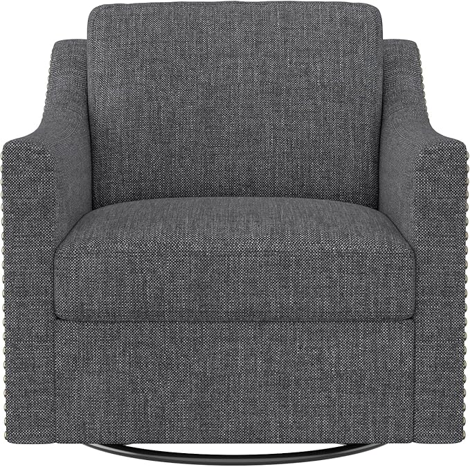 Swivel Accent Chair Set of 2 Modern Comfy Linen Upholstered Barrel Armchair with Nailhead Decor and Metal Base Soft Oversized Round Chair for Living Room Bedroom Club (2 Dark Grey)