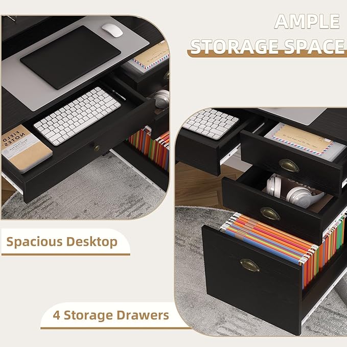 4 EVER WINNER Black Desk with Drawers Small Desk with File Drawer and Monitor Stand Computer Desk with Storage Writing Desk for Bedroom Home Office Black