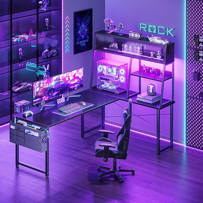 AODK L Shaped Gaming Desk with Led Lights 59 Inch Reversible Gaming Computer Desk with Display Shelves PC Gamer Desk Gamer Table with Storage Bag L Desk for Game Black