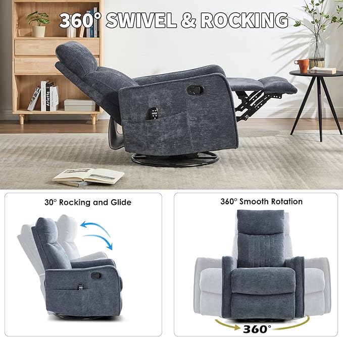Swivel Rocker Recliner Chair 360° Swivel Recliner with Heat and Massage Rocker Recliner Nursery Glider Chair with Side Pockets for Living Room (Dark Blue Fabric)