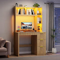 HNEBC Home Office Desk with Hutch and Drawers - 39 Standing Computer Desk with Charging Station&amp3 Color LightsHidden Compartment &amp Fluted Panel Design LED Writing Desk for Bedroom Study (N