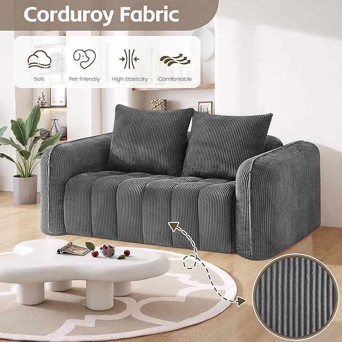 Comfy Loveseat Sofa with 2 Arm Chair Set of 3 Corduroy Sofa for Living Room Boneless Lounge Floor Cloud Couch for Small Spaces for Bedroom Office Apartment Grey