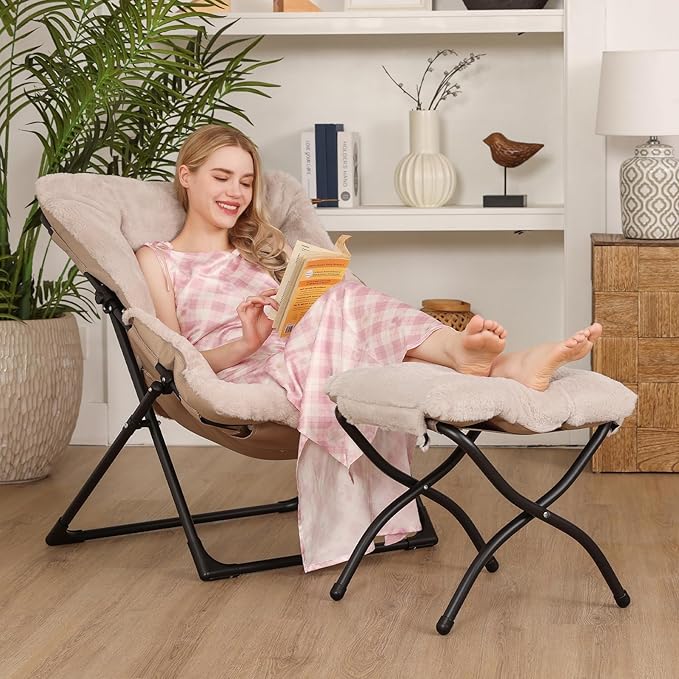 Comfy Saucer Chair for Adults Soft Faux Fur Bedroom Chair with Ottoman Accent Dorm Chairs Living Room Reading Chairs and Footstool Folding Seat for Teens X-Large Light Khaki