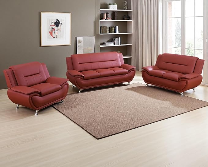 Red Faux Leather Couches for Living Room Living Room Couch Set Sofa for Bedroom Apartment Living Room Furniture Sets (Red Sofa+Loveseat+Chair)
