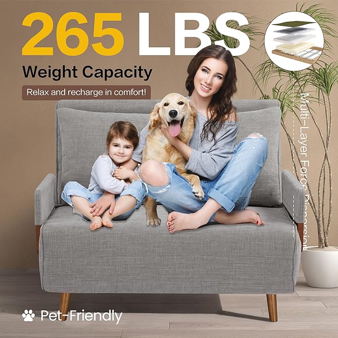42 Convertible Sleeper Chair 3-in-1 Chair Bed Sleeper for Adults with Adjustable Backrest Pillow &amp Wooden Arms Loveseat Sofa Bed for Apartment Office Medium Gray