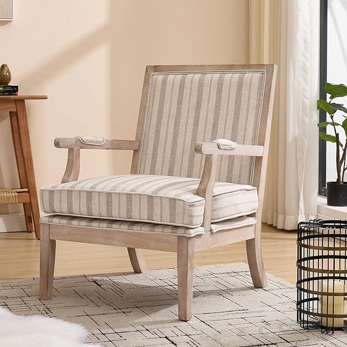 Modern Farmhouse Striped Accent Chair Wide Upholstered Living Room Chair with Armrest Pads Coastal French Country Wooden Armchair for Bedroom Guest Room Striped Linen Fabric