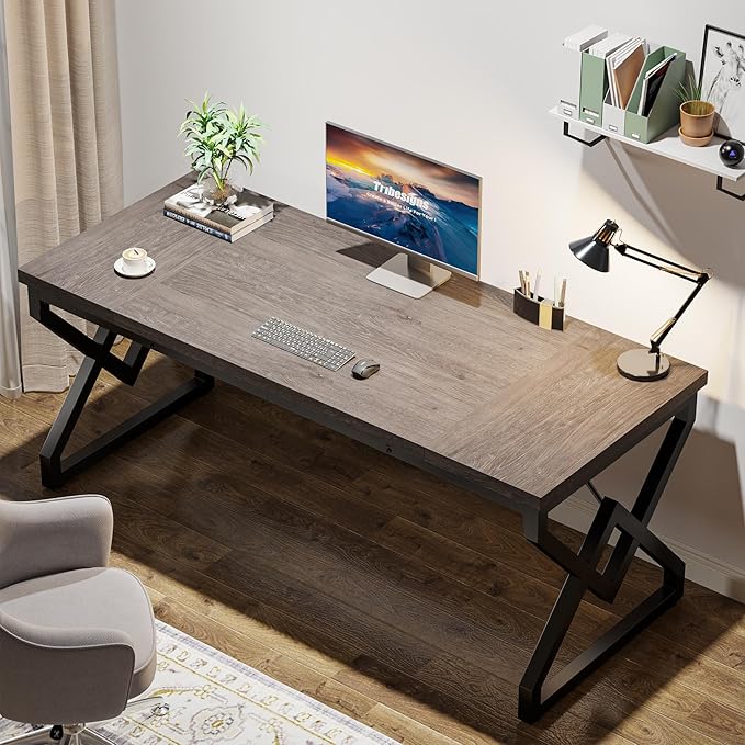 Tribesigns 63 Inch Executive Desk Large Office Computer Desk with Extra Thick Wooden Tabletop and Metal Frame Modern Simple Workstation Writing Table Study Desk for Home Office Gray