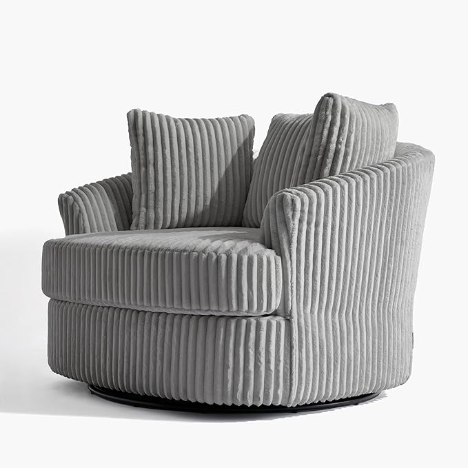Oversized Round Swivel Barrel Accent Chair with Pillows Comfy Modern Chaise Lounge Sofa Indoor for Living Room Bedroom (Grey Set of 2)