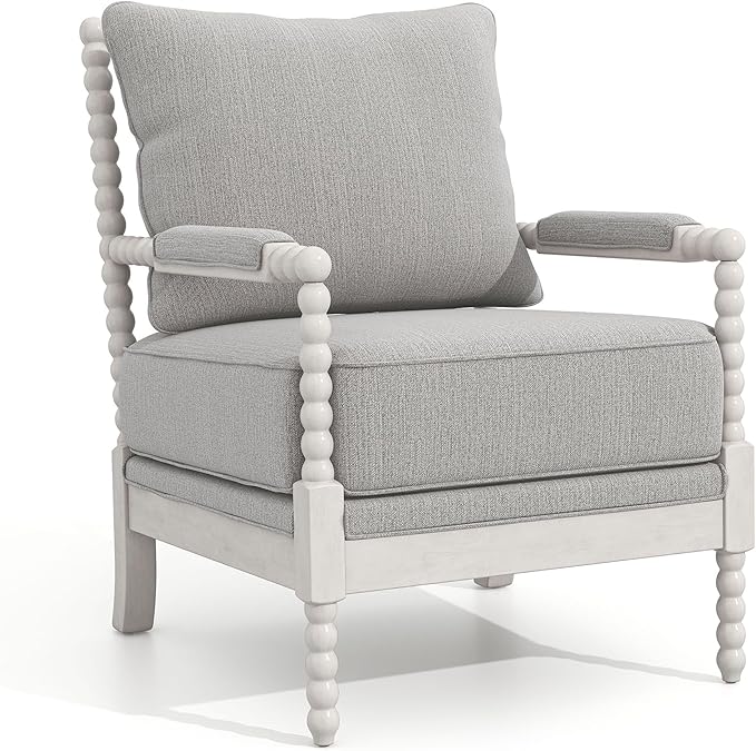 24/7 Shop at Home Antanette Farmhouse Fabric Upholstered Accent Chair with Removable Cushion for Living Room Bedroom Home Office Antique White and Gray