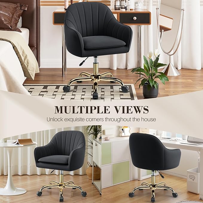 Vanity Chair with Wheels Comfy Home Office Desk Chairs Adjustable Modern Velvet Makeup Vanity Chairs for Bedroom Living Room-Black
