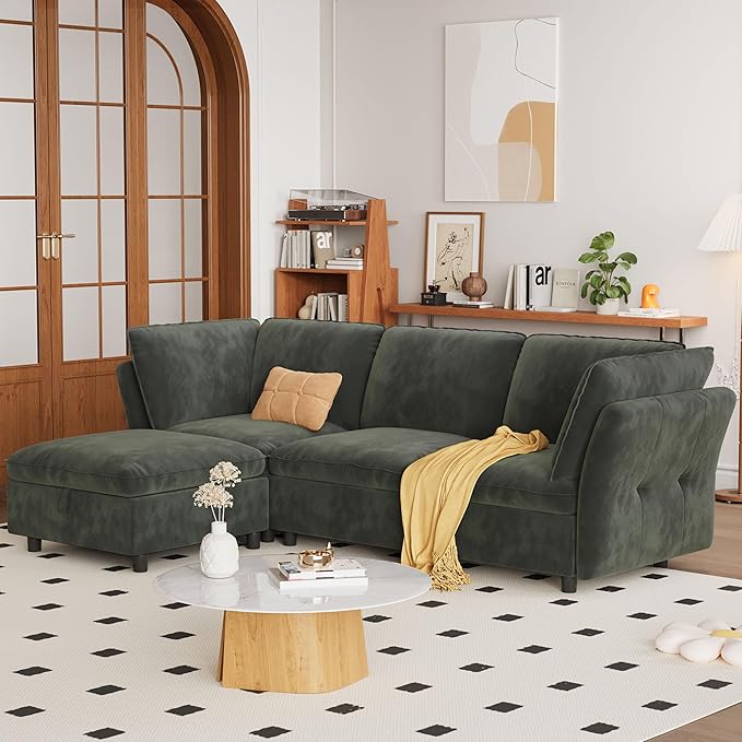 97 Modular L-Shaped Sectional Cloud Couch with Storage Ottoman - Velvet Deep Seating Sofa Set with Pillows Convertible 3-Seater for Living Room Apartment Office (Green)