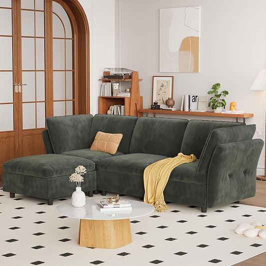 97 Modular L-Shaped Sectional Cloud Couch with Storage Ottoman - Velvet Deep Seating Sofa Set with Pillows Convertible 3-Seater for Living Room Apartment Office (Green)