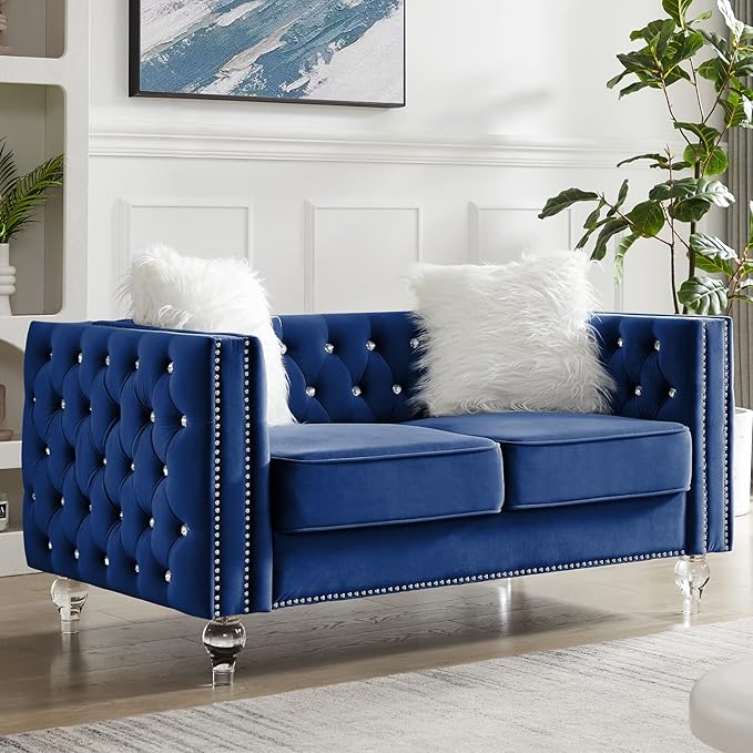 mikibama Velvet Loveseat with Buttons and Square Arms 59 Inch Tufted Sofa with Trimmed Nailhead and Acrylic Legs Loveseat Couch for Living RoomBedroom (Navy Blue-Crystal Legs Loveseat)