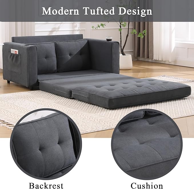 55 Loveseat Sofa Bed 3-in-1 Pull Out Floor Couch with Side Pockets &amp Cup Holder Floor Sofa Bed for Living Room Bedroom &amp Guest Room (Dark Gray)
