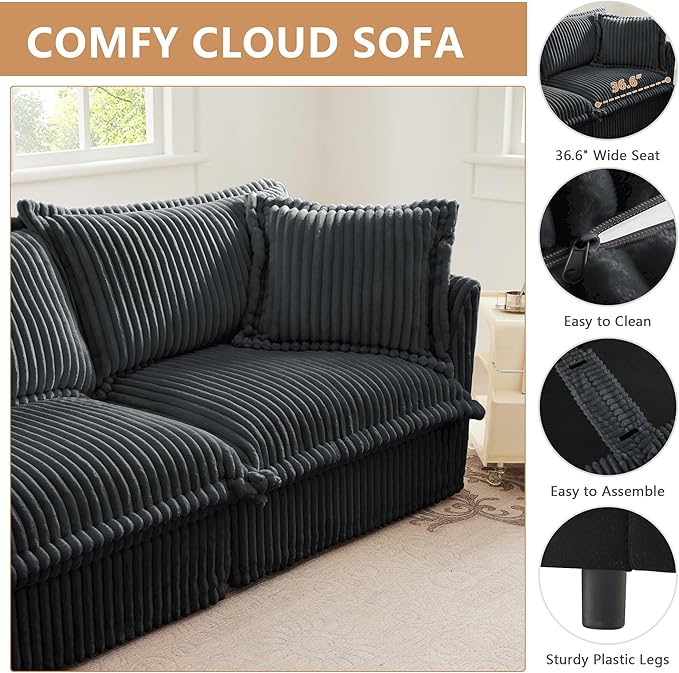 Modern Single Sofa Chair 49 Slipcovered Armchair Oversized Upholstered Accent Chair Comfy Cloud Deep Seat Sofa Chair with 2 Throw Pillows for Living Room Bedroom Apartment Corduroy Grey