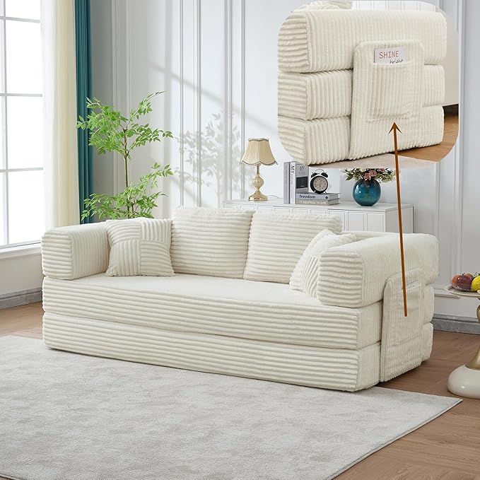 4-in-1 Floor Sofa King Size No Assembly Upholstered Boneless Pull Out Couch Bed with 4 Pillows Oversized Corduroy Foam Compressed Sofa Couch in A Box for Living Room Sleeper (Beige)