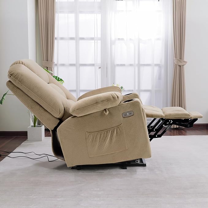 MCombo Large Power Lift Recliner Chair Sofa with Massage and Heat for Big and Tall Elderly People 3 Positions Cup Holders and USB Ports Fabric 7549 (Large Beige)
