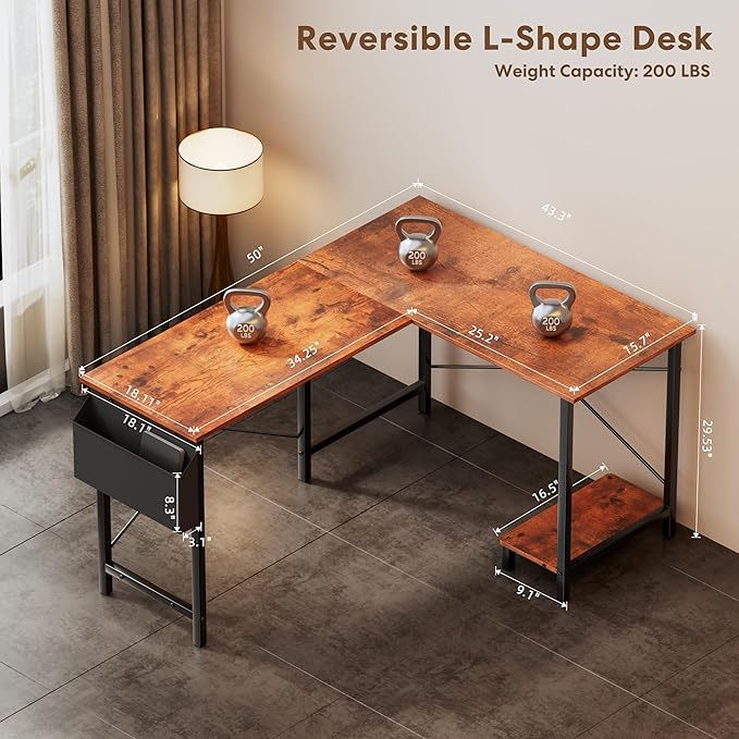 YSSOA 50 L Shaped Gaming Desk with Reversible Corner - Home Office Computer Desk with Wood Top Metal Frame CPU Stand &amp Storage Bag for Small Space Gaming Room Rust