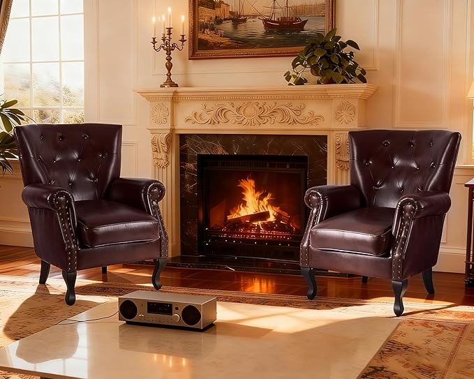 Modern Accent Chair Set of 2 Mid-Century PU Leather Armchair with Solid Wood Legs Single Sofa Chair for Living Room Bedroom Leisure Room or Reading Room(Reddish Brown)