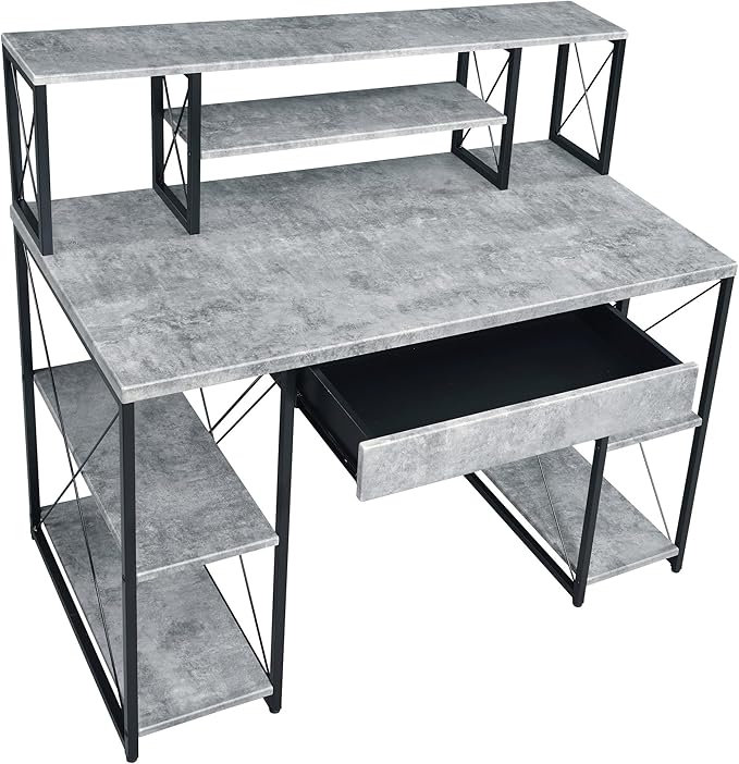 Penau Grey and Black Office Desk with Hutch Sturdy Writing Desk with 1 Drawer and 8 Open Shelves Modern Design for Office and Recording Studio