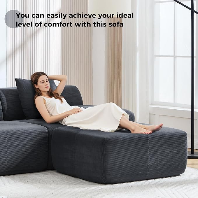 L-Shaped Boneless Modular Sectional Sofa 122 Modern Corduroy Upholstery Couches for Living Room Oversized 3-Seater Cloud Couch with Deep Seat and Movable Ottoman No Assembly Dark Grey
