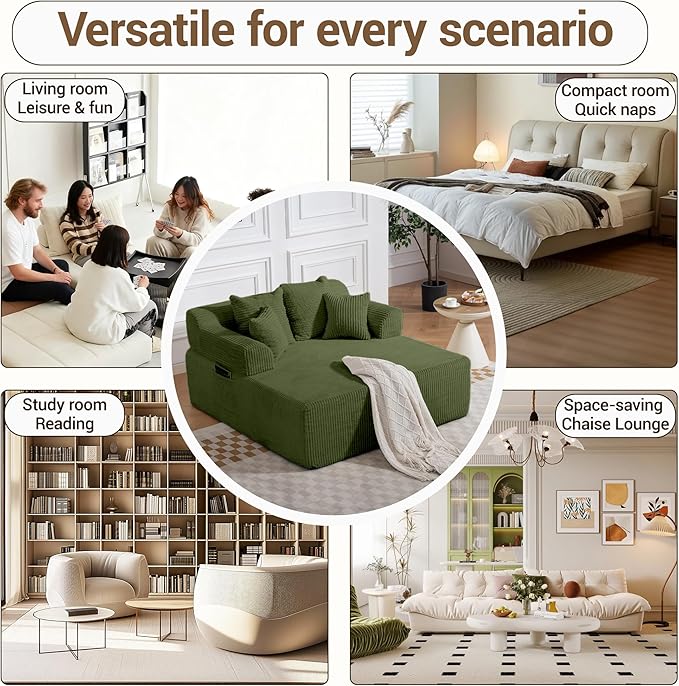 58 Inch Chaise Lounge Chair Indoor Corduroy Boneless Sofa Bed Deep Seat Sleeper Couch Reading Chairs Upholstered Comfy Cloud Sofas Couches for Living Room No Assembly Required Green