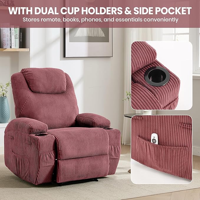 Ultra-Comfortable Corduroy Recliner Chair with Massage and Heat Adjustable Electric Power Recliner Chairs for Adults with 2 Side Pockets USB Port for Living Room BedroomPink