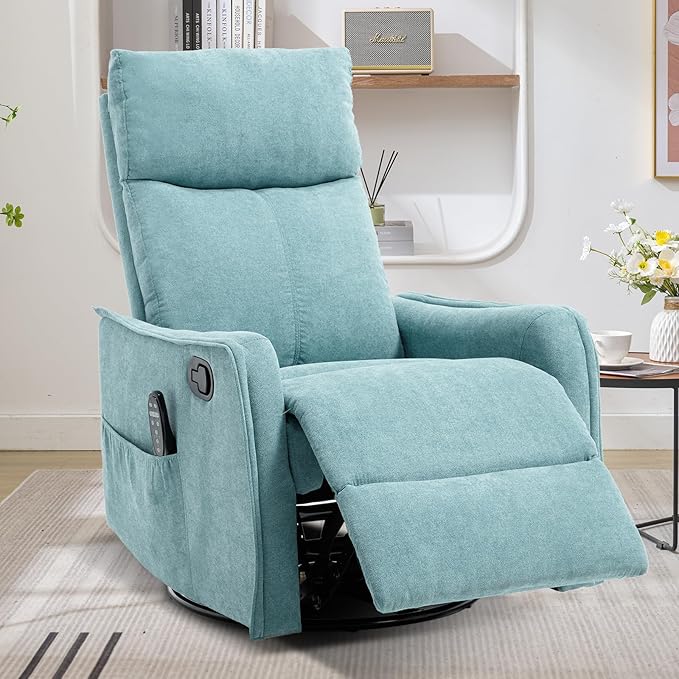 Swivel Rocker Recliner Chair 360° Swivel Recliner with Heat and Massage Rocker Recliner Easy to Clean Nursery Glider Recliner Chair with Side Pockets for Living Room Mint Green