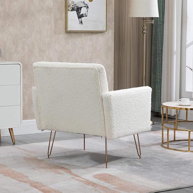 Accent Chair for Living Room Comfy Oversized Velvet Upholstered Arm Chairs Mid Century Modern Reading Single Sofa Side Chair with Tufted Back and Gold Legs for Bedroom (1 Teddy White)