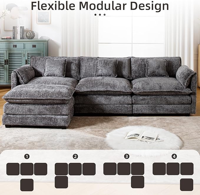 GNIXUU 112 Modular Cloud Couch Sofa Modern Chenille L Shaped Sectional Couches for Living Room Comfy Deep 4 Seater Sofa with Movable Ottoman &amp 2 Pillows(Gray)