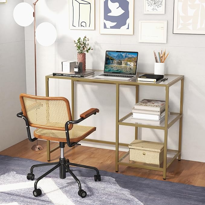 Tangkula Tempered Glass Computer Desk with 2-Tier Storage Shelves Modern Computer Workstation Vanity Makeup Table Sturdy Metal Frame Home Office Desk Student Writing Study Desk (Gold)