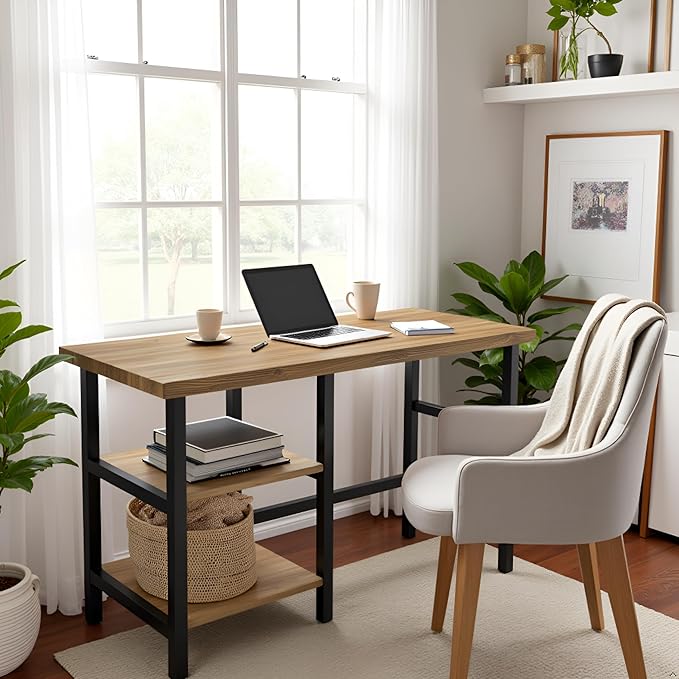 Alaterre Furniture Pomona 48-Inch Industrial Study Desk with Solid Pine Wood Top 2 Open Shelves and Metal Frame – Writing Desk with Floor Levelers for Home Office Bedroom or Dorm (Natural Finish)