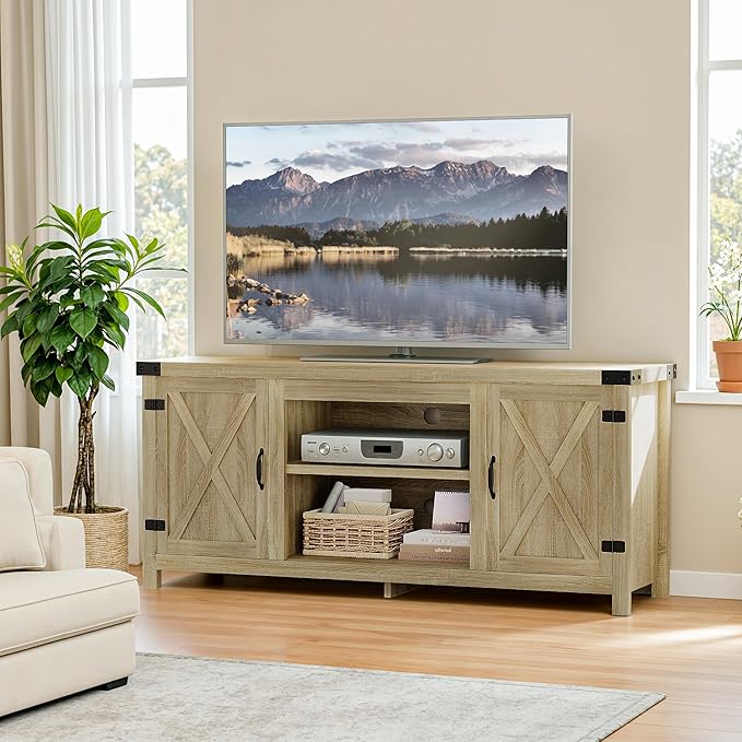 YESHOMY Modern Farmhouse TV Stand with Two Barn Doors and Storage Cabinets for Televisions up to 65+ InchEntertainment Center Console TableMedia Furniture for Living RoomYellow Oak
