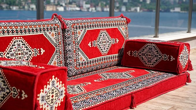 Single Arabic Floor Seating Cushions Arabic Majlis Floor Sofa Reading Nook Loveseat Sofa Single Floor Couch Ottoman Floor Pillows (Red)