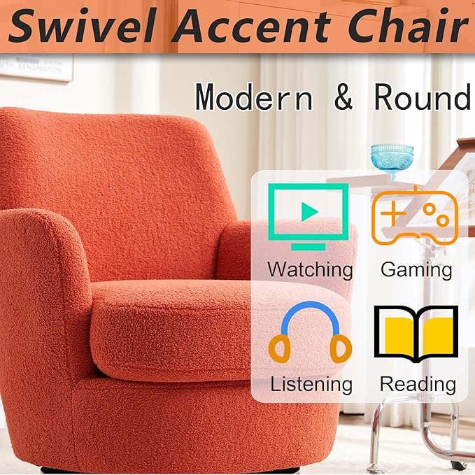 Teddy Swivel Accent Chairs for Living RoomComfy Swivel Barrel Chair with Foam Cushion Round Swivel Chair &amp Boucle Swivel Chair with High Back Round Armrest Gold Base (Orange)