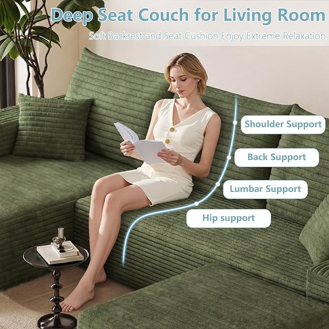 95 Cloud Sectional Couch with OttomanModern U-Shaped Cloud Couch with Deep SeatComfy Corduroy 3-Seater SofaMemory Foam Sofa for Living RoomNo Assembly (GreenLeft-Facing Chaise)