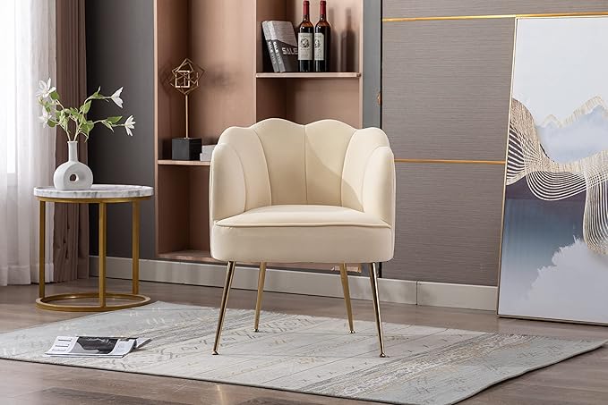 Shell Shape Velvet Fabric Armchair Accent Chair with Gold Legs for Living Room BedroomCreme White