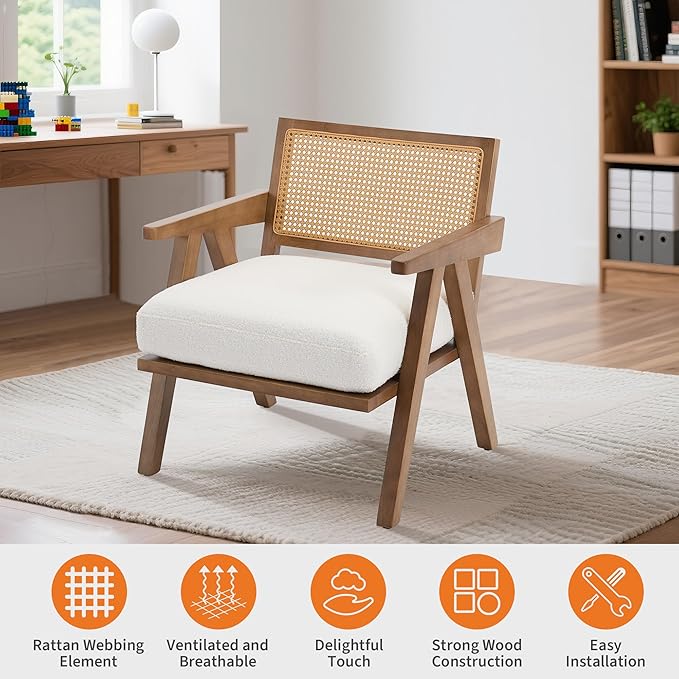 Accent Chair Mid Century Modern Comfy Living Room Chairs with Sturdy Wood Legs Rattan Backrest &amp Beige Thick Linen Cushion Armchair for Bedroom Balcony Apartment White