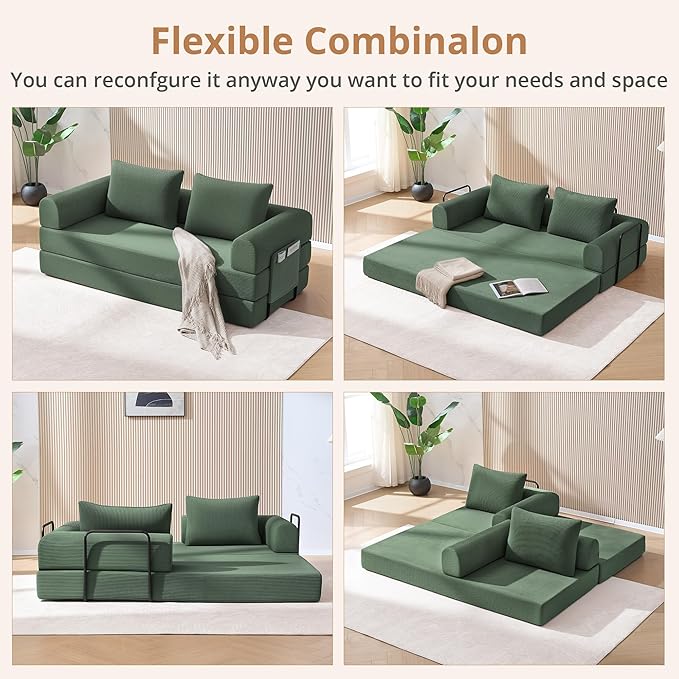 4-in-1 Folding Convertible Sofa Bed 78 Inch Oversized Corduroy Loveseat Sleeper with Pull Out Bed Boneless Futon Couch for Living Room Bedroom No Assembly Needed Green